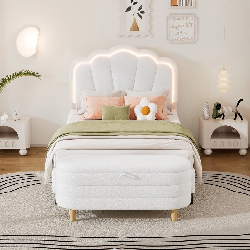 Twin Size Upholstered Flower-Shape Bed with LED Light Strip & Ottoman,Sherpa Fabric Platform Bed with Wooden Slats Support,White