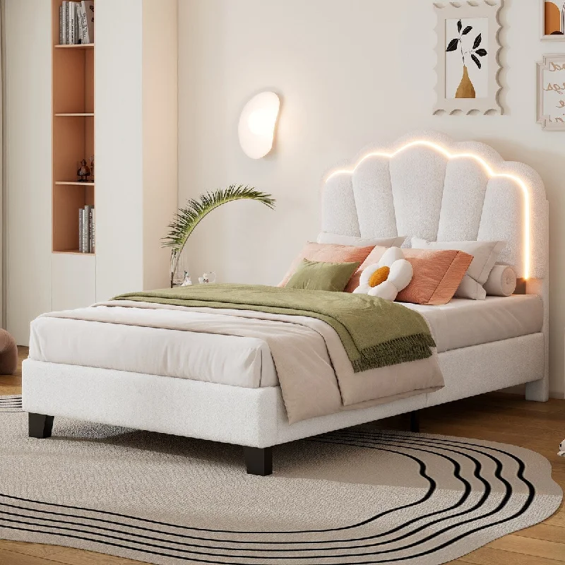 Twin Size Upholstered Flower-Shape Platform Bed with LED Light Strip