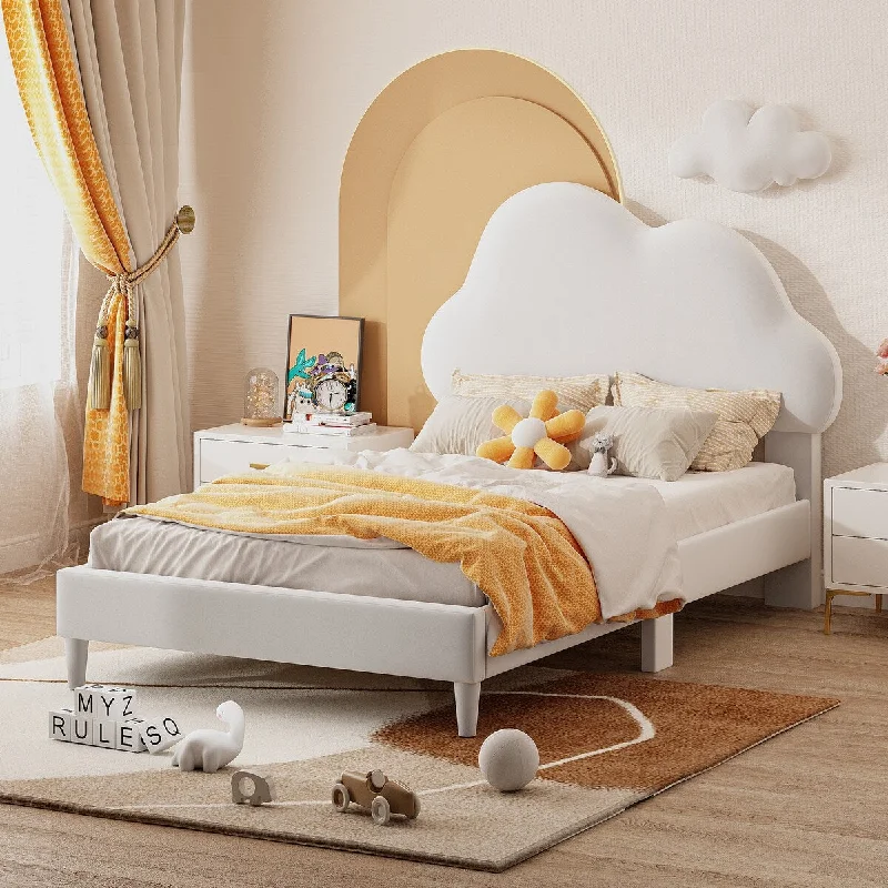 Twin Size Velvet Upholstered Platform Bed with Cloud-Shape Headboard, Wooden Bed Frame with Wood Slats Support