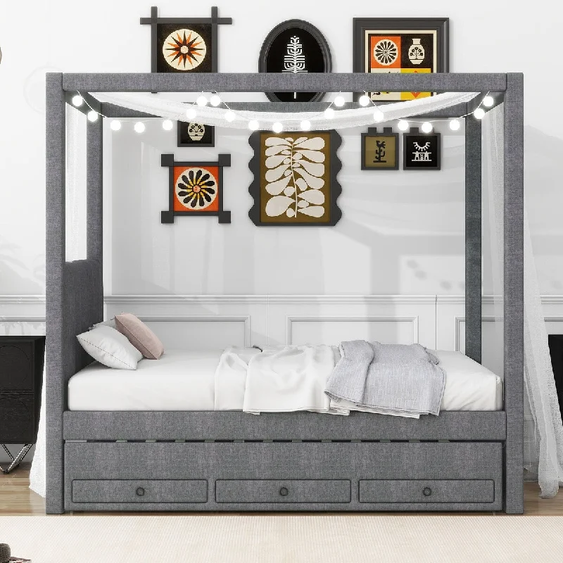 Twin Size Wood Canopy Bed Frame with Trundle & 3 Storage Drawers, Gray