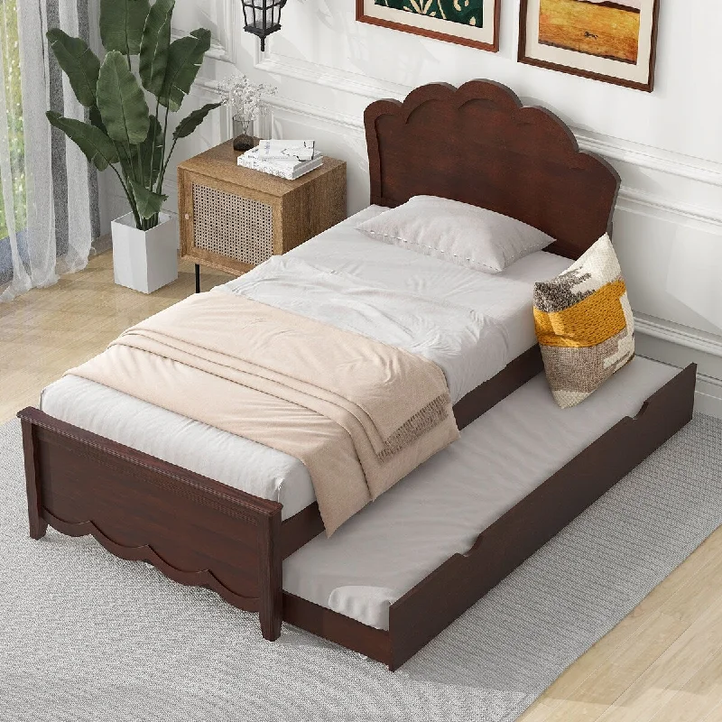 Twin Size Wooden Bed with Elegant Curves Headboard, Platform Bed with Twin Size Trundle, Cappuccino