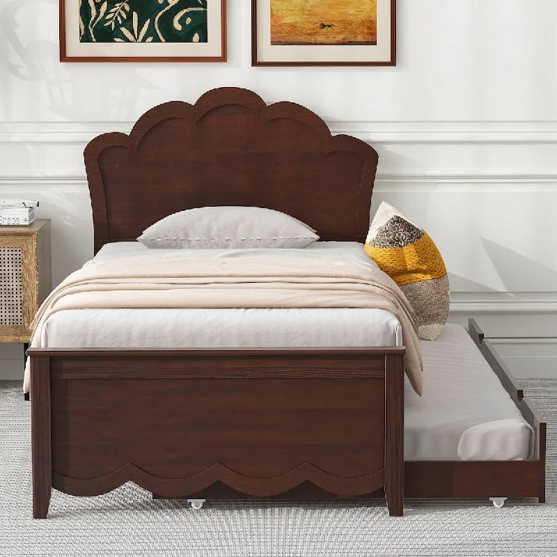 Twin Size Wooden Bed with Elegant Curves Headboard, Platform Bed with Twin Size Trundle, Cappuccino