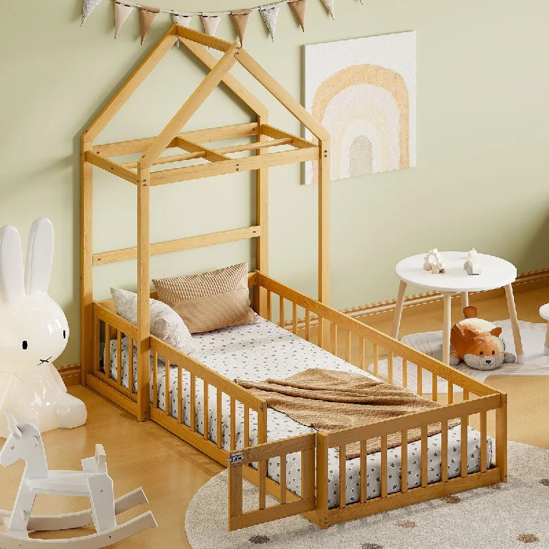 Twin Size Wooden Floor Bed w/Fence Railings & Detachable House Shape Headboard, Kids Montessori Bed Frame for Girls Boys,Natural