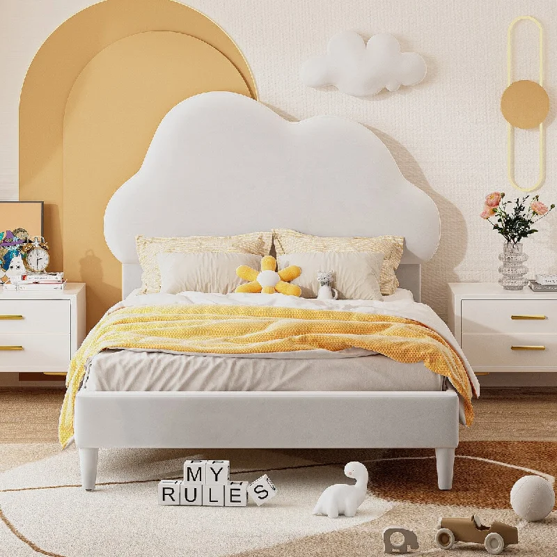 Twin Velvet Upholstered Platform Bed w/Cloud-Shape Headboard, Beige