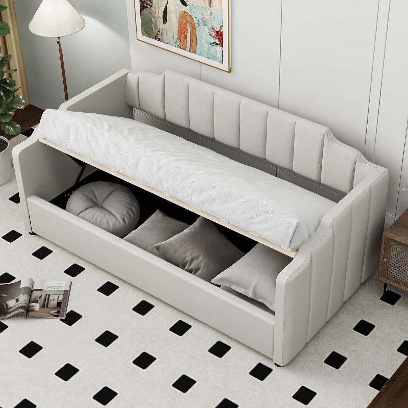 Upholstered Daybed, Sofa Bed Frame with Underneath Storage for Bedroom & Guest Living Room, Space Saving Corner Sofa