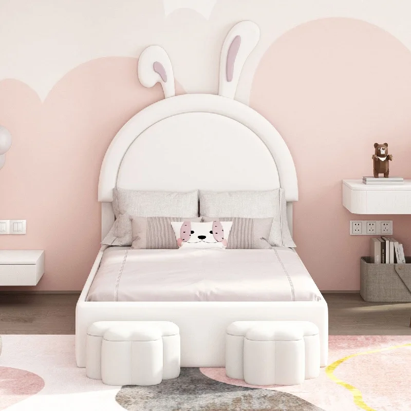 Velvet Upholstered Rabbit-Shape Bed with 2 Storage Stools