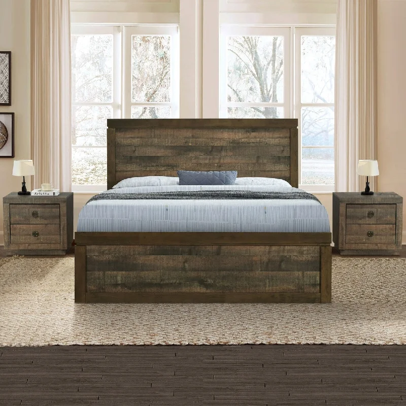 Vintage Farmhouse Style 3 Pieces Vintage Farmhouse Style Platform Bed with Two Nightstands