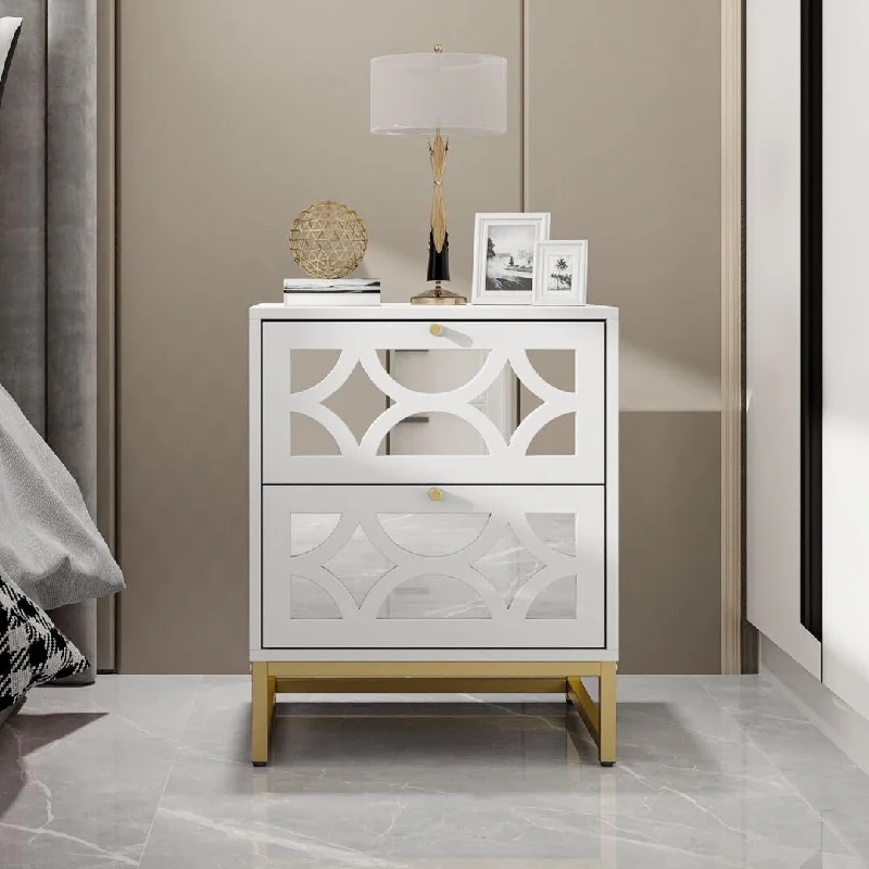 White Mirrored Nightstand with Gold Legs Set of 2 for Bedroom