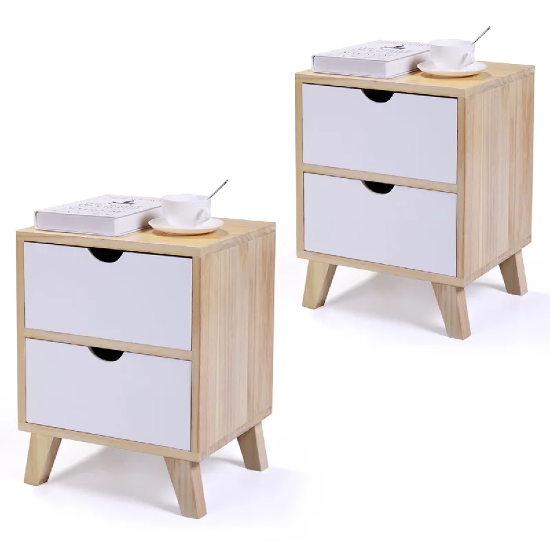 White Wooden Nightstand Set with Two Drawers, Modern End Table with Tall Legs, Multiple Usages Bedside Table