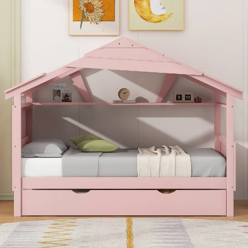 Wood Twin Size House-shaped Bed with Trundle, Platform Bed with Storage Shelf, Pink