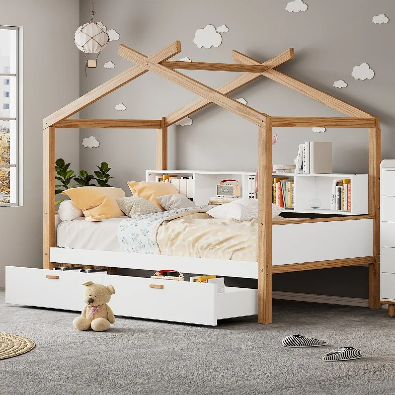 Wooden House Bed Frame with Bookshelf Storage Space for Kids Girls Boys, No Box Spring Needed