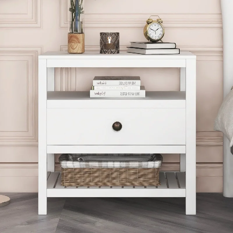 1-Drawer Wood Nightstand with Exterior Shelves