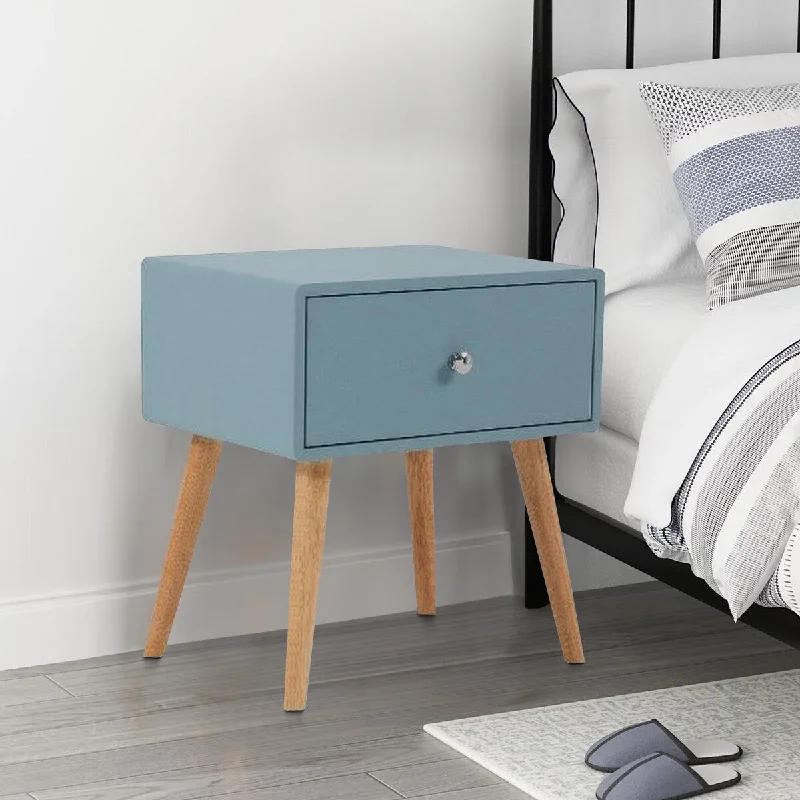 1 Drawer Wooden Nightstand with Round Tapered Legs, Blue and Brown