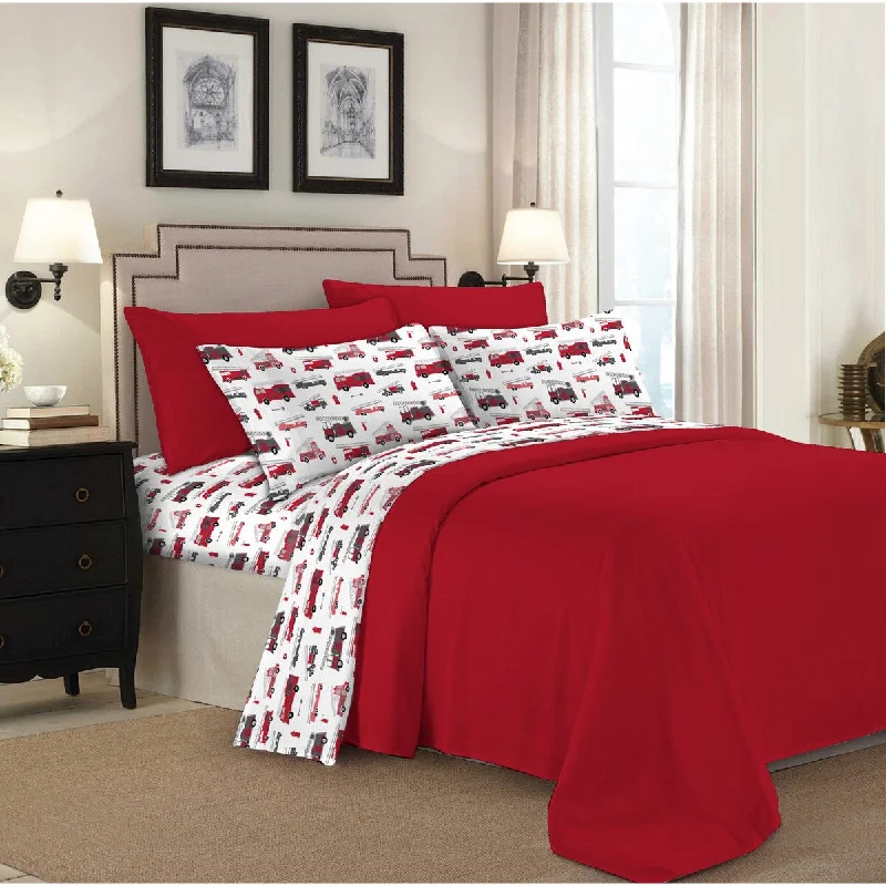 160 GSM Heavy Duty Queen Cotton Flannel Fire Truck Sheet Set