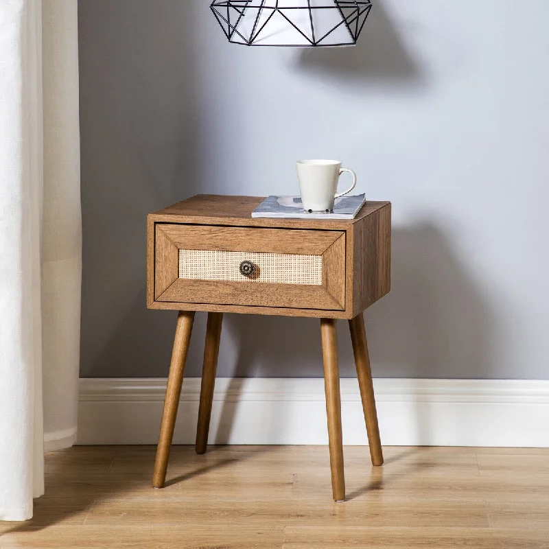 17.7" Rattan Design 1-Drawer Nightstand with Metal Hardware Decorated