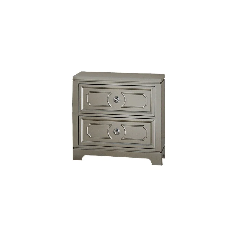 2 Drawer Contemporary Wooden Nightstand with Molded Front Panel, Silver