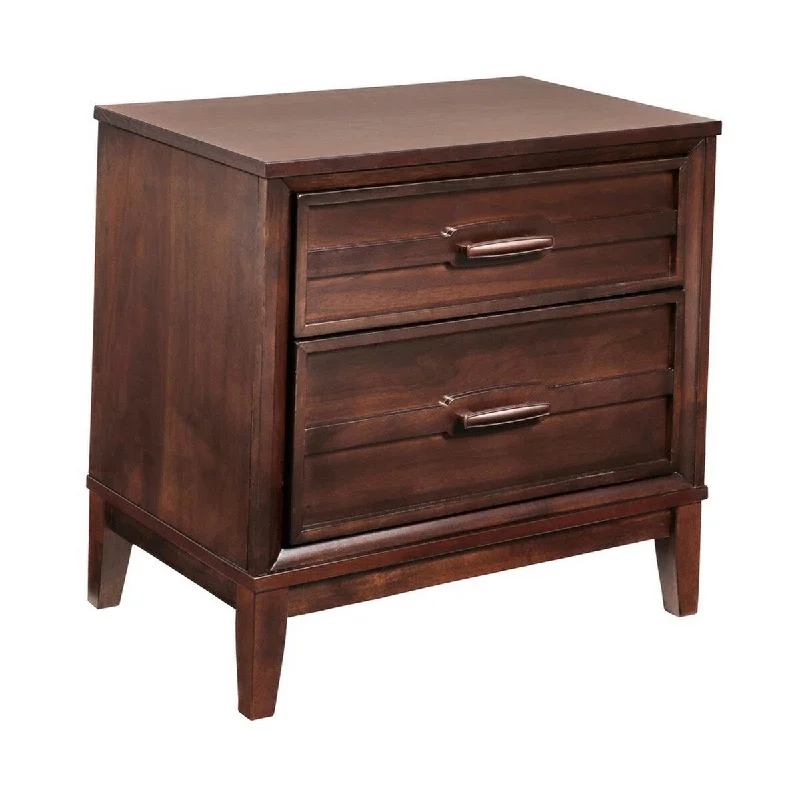 2 Drawer Grained Wooden Frame Nightstand with Chamfered Legs, Brown