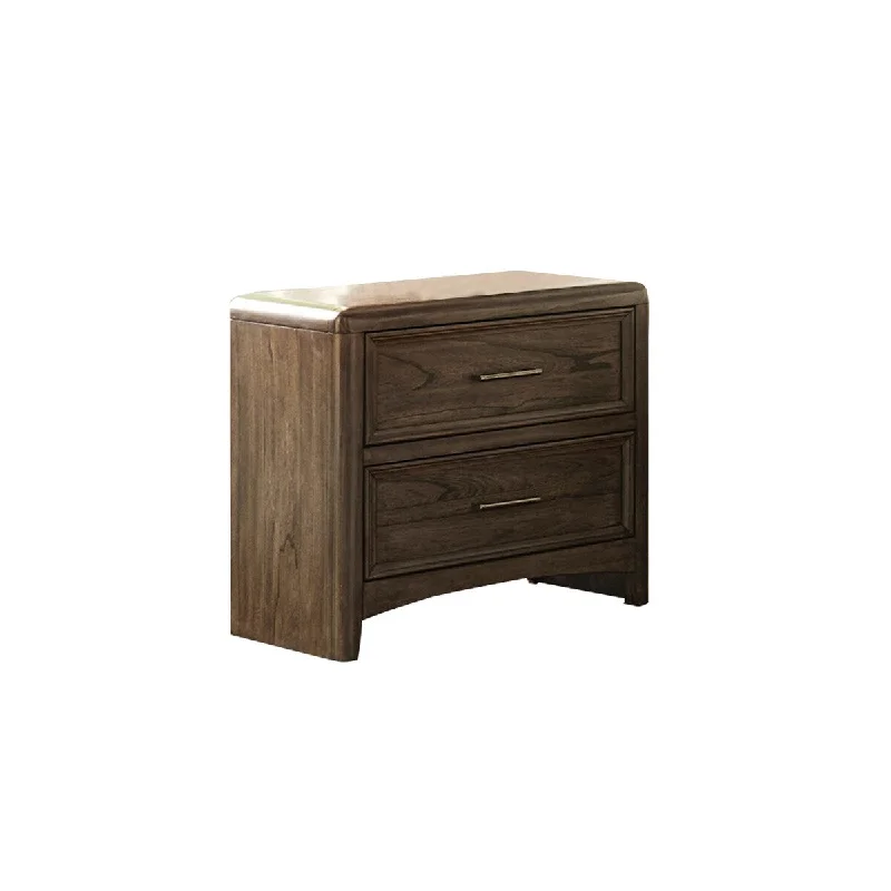 2 Drawer Rounded Top Nightstand with Grain details and Panel Base, Brown