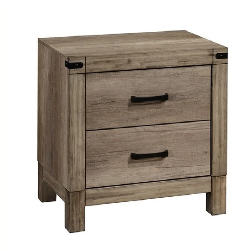 2 Drawer Rustic Nightstand with Bar Pulls and Block Feet, Weathered Gray