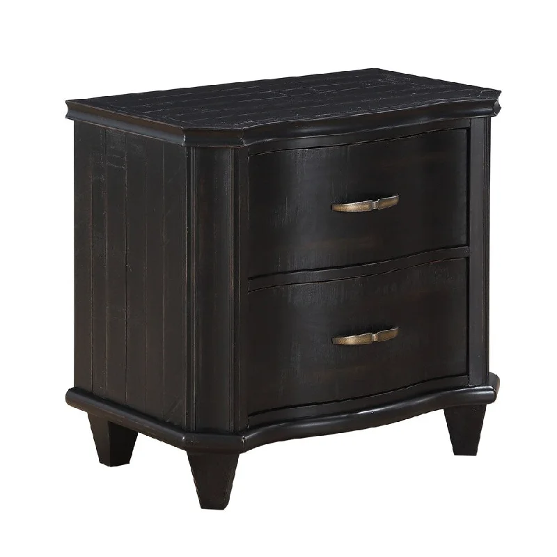 2 Drawer Transitional Wooden Nightstand with Bow Front Drawers, Black