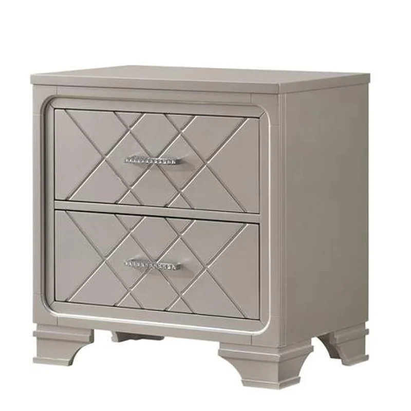 2 Drawer Wooden Nightstand with Diamond Pattern and Bracket Feet, Silver