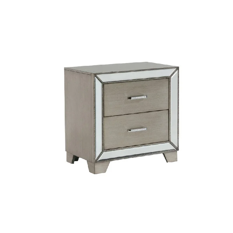 2 Drawer Wooden Nightstand with Faux Crystal Inlay and Mirror Accent, Gray