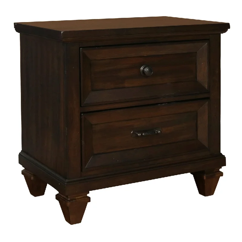 2 Drawer Wooden Nightstand with Metal Knob and Handle, Brown