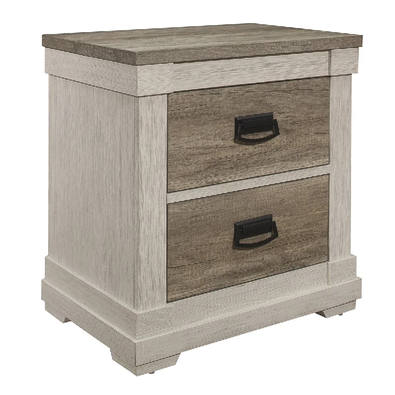 2 Drawer Wooden Nightstand with Rough Hewn Saw Texture, Brown and White