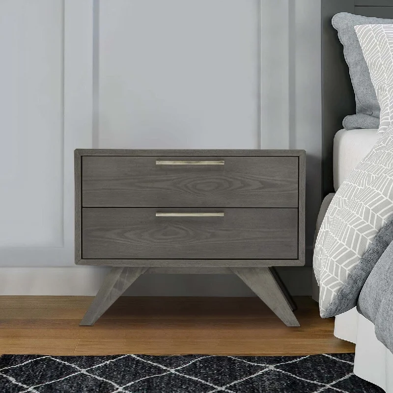 2 Drawer Wooden Nightstand with Slanted Tapered Legs, Gray