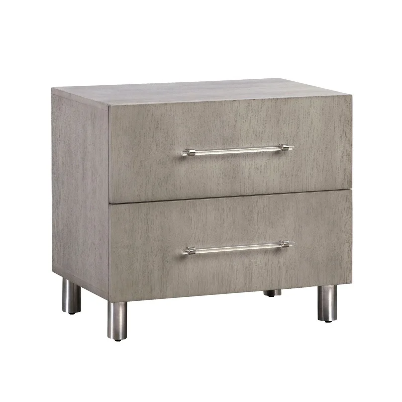 26 Inch Ann 2 Drawer Wood Nightstand with USB and Clear Handles, Gray