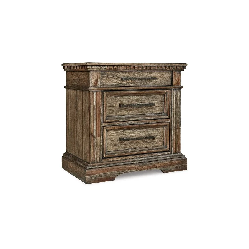 28 Inch 3 Drawer Nightstand, Molded Front, USB Plugin, Rustic Brown Finish