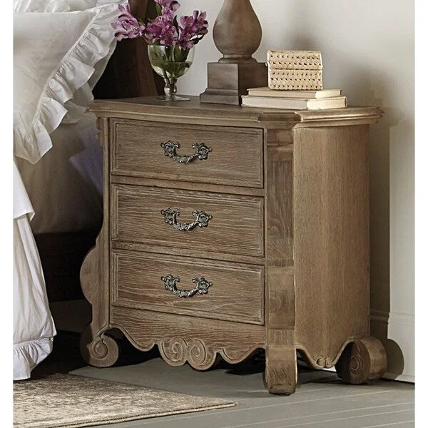 3 Drawer Wooden Night Stand With Scrolled Feet, Oak Brown