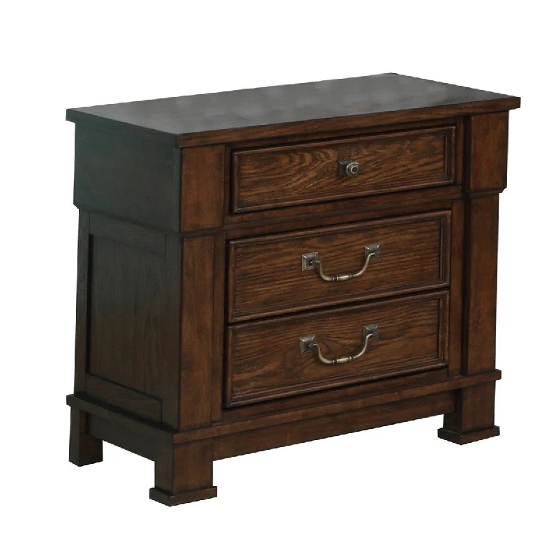 3 Drawer Wooden Nightstand with Metal Bar Handle and Knobs, Brown