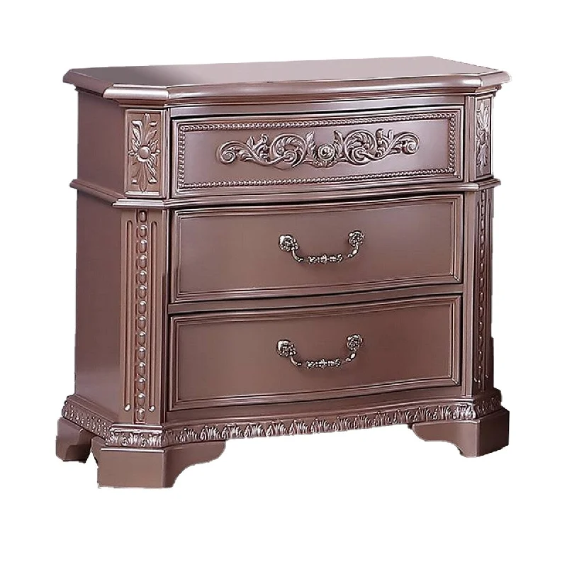 3 Drawer Wooden Nightstand with Wooden Carvings, Pink