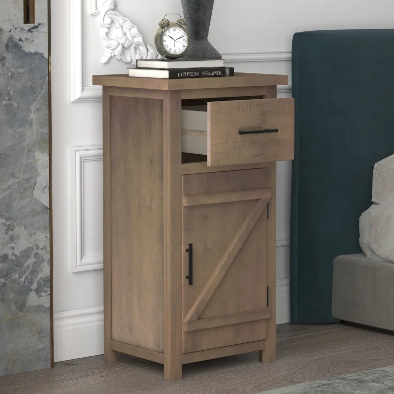 33.8''H Vintage Z-Shape Front Decor Solid Pine Wood Nightstand with 1 Sliding Drawer and Flipping Large Storage Cabinet