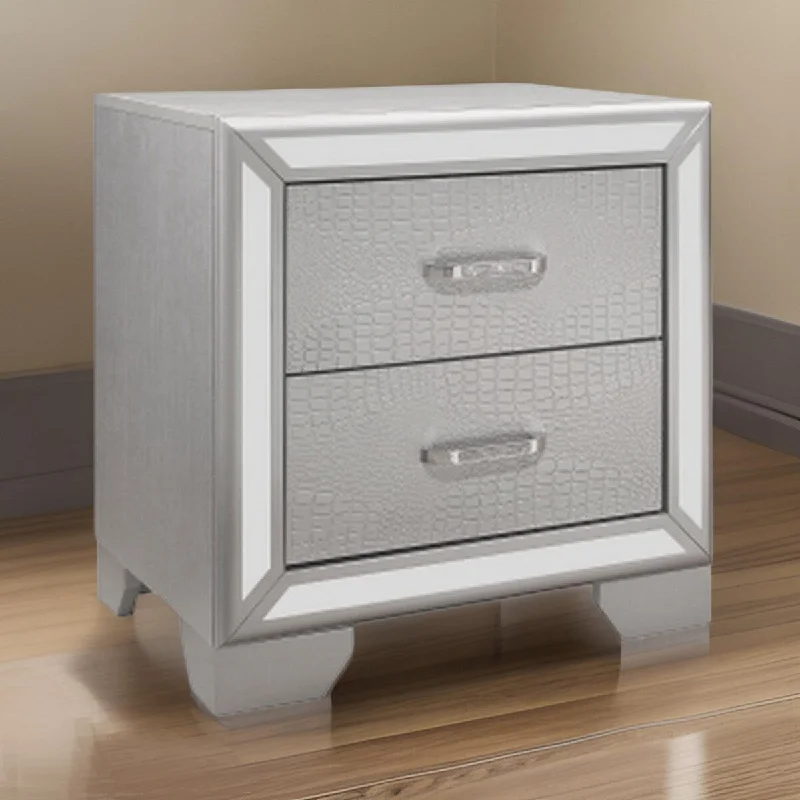 Aisha 24 Inch 2 Drawer Nightstand, Embossed Front, Mirror Trim, Silver Wood