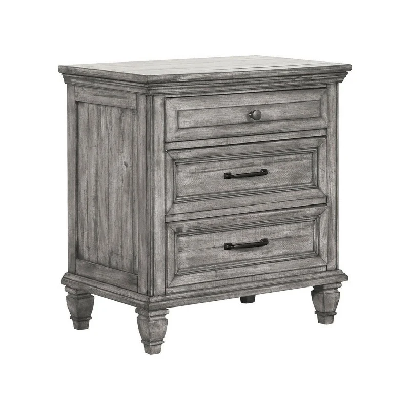 Akki 30 Inch 3 Drawer Nightstand, Felt Lined, USB Ports, Rustic Wood Gray