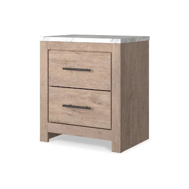 Ariel 25 Inch Rustic Wood Nightstand, 2 Drawers, White Faux Marble Top, Brown