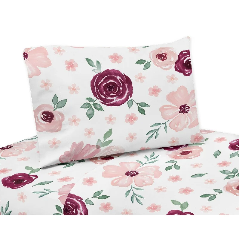 Burgundy and Pink Watercolor Floral 3-piece Twin Sheet Set - Blush Maroon Wine Rose Green and White Shabby Chic Flower Farmhouse