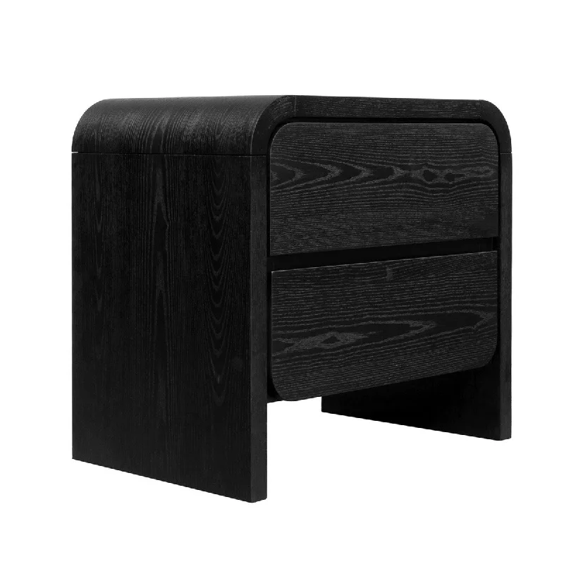 Cave 28 Inch Nightstand with Curved Side Panels, 2 Drawers, Black Wood