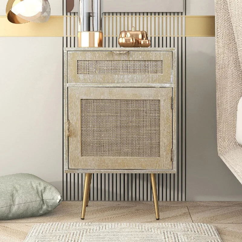 Charming Wooden Nightstand with Rattan Panel, One Drawer, One Cabinet, and Metal Feet