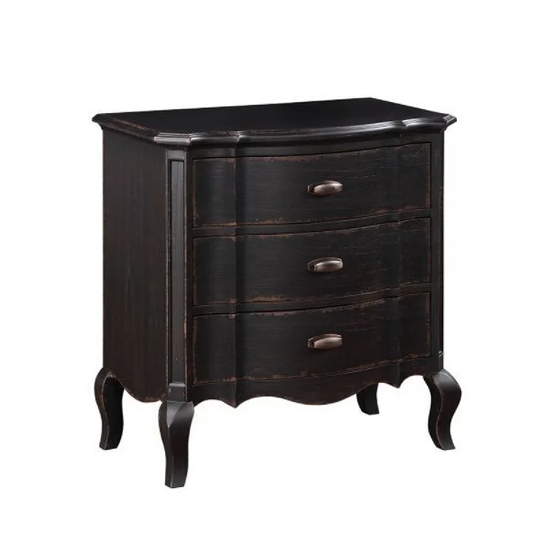 Cherry 30 Inch Nightstand, 3 Drawers, Cabriole Legs, Rubberwood, Black