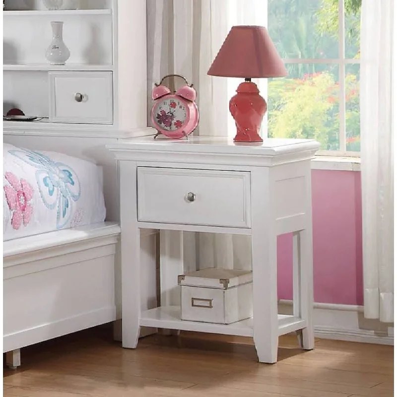 Contemporary and Casual Pinewood Nightstand (1 Drw & Open Bottom Shelf ) in White Rectangular Leg Table