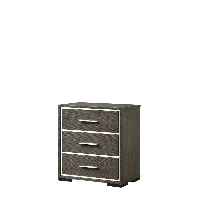 Contemporary Nightstand with USB Dock and 3 Drawers, DOVETAIL English Front & Back, Single Pull Handle (Chromed Aluminum)