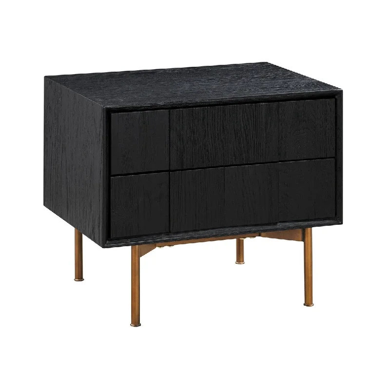 Deona 24 Inch 2 Drawer Nightstand, Bronze Slender Legs, Black Brushed Oak