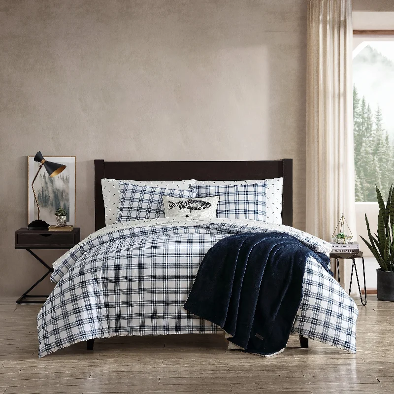 Eddie Bauer Basic Plaid Navy Cotton Percale Duvet Cover Set