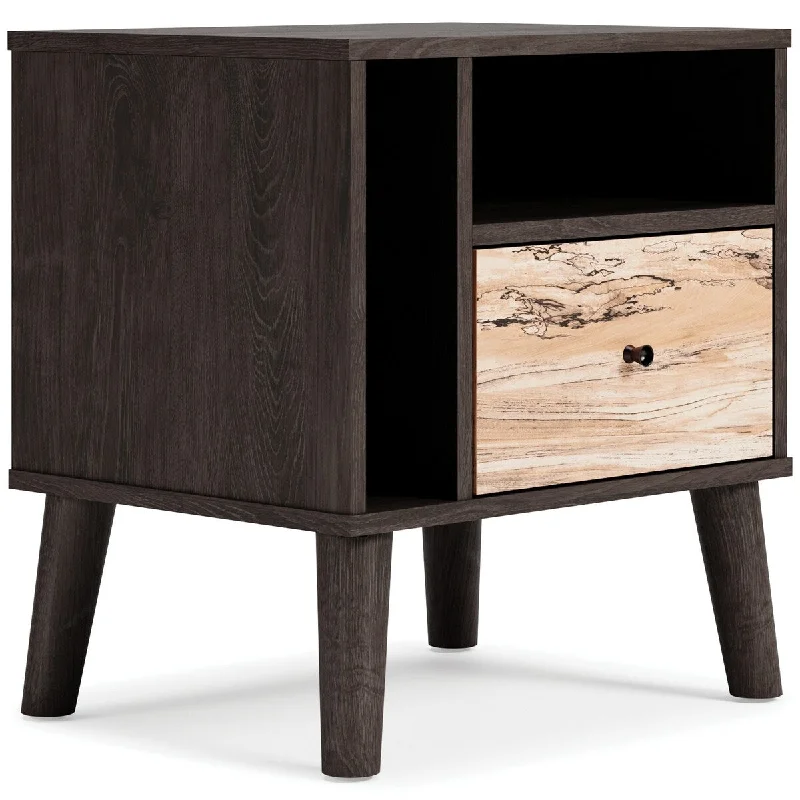 Ella 22 Inch Modern Nightstand, 2 Compartments, Round Knob, Charcoal, Oak