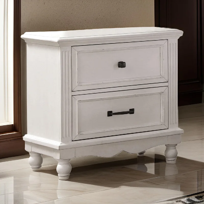 Geo 28 Inch Nightstand, 2 Drawers, Solid Wood, Bronze, Antique White