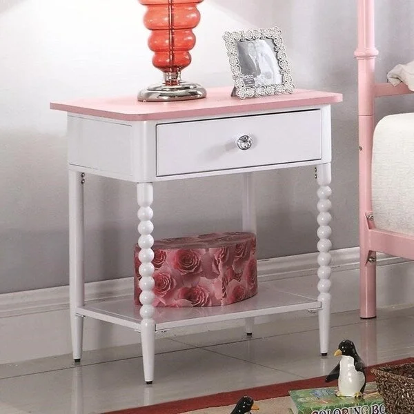 Gorgeous Wood/Metal Nightstand with a Drawer, Pink and White