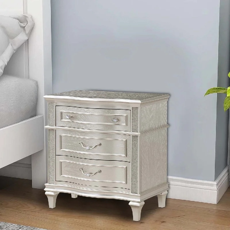 Inz 32 Inch 3 Drawer Nightstand, Elegant Trim Details, Silver Finish